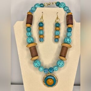 Artisan Turquoise and Brown Beaded Necklace Set